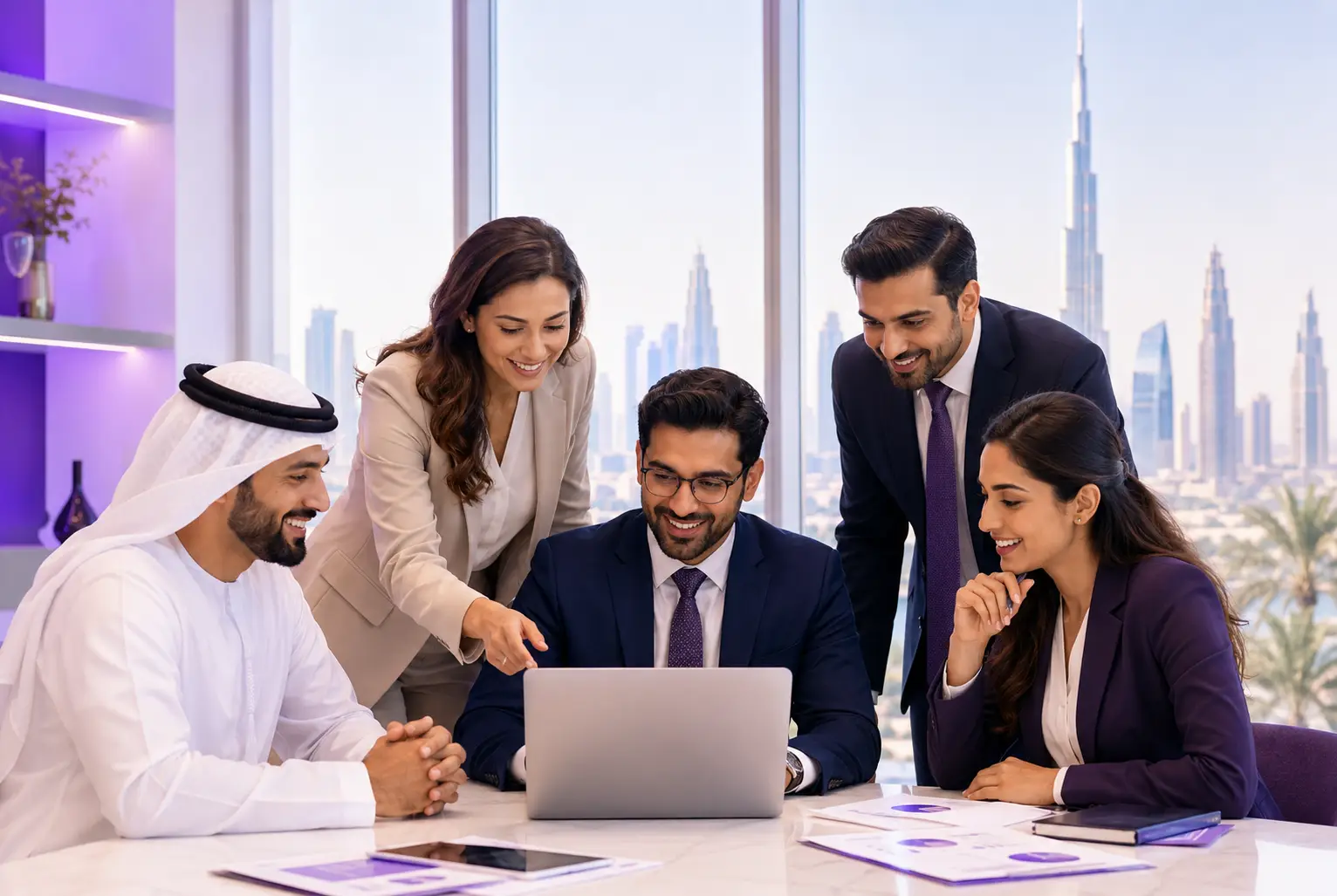 QBiz Corporate Services team collaborating in a Dubai office during a business setup consultation