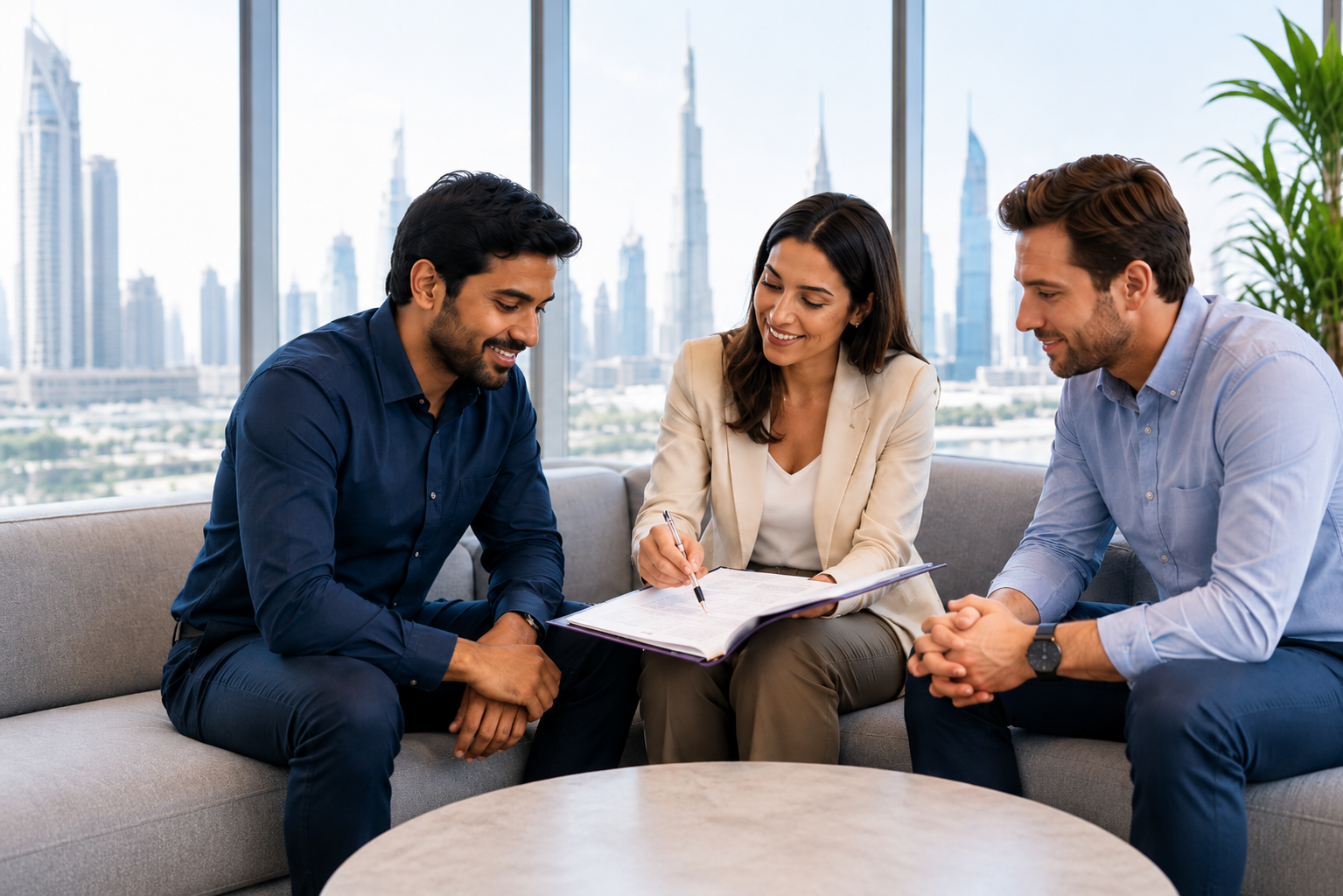 Business consultants assisting clients with corporate bank account opening services in Dubai