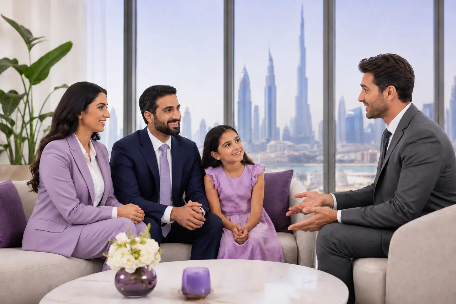 Family meeting with a QBiz Corporate Services consultant in a modern Dubai office to discuss UAE visa and residency options