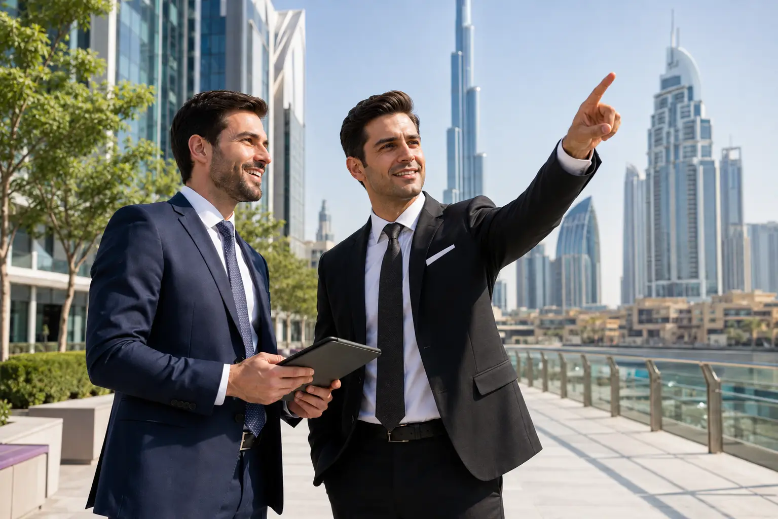 Two professionals discussing UAE visa and residency options in a modern Dubai business district