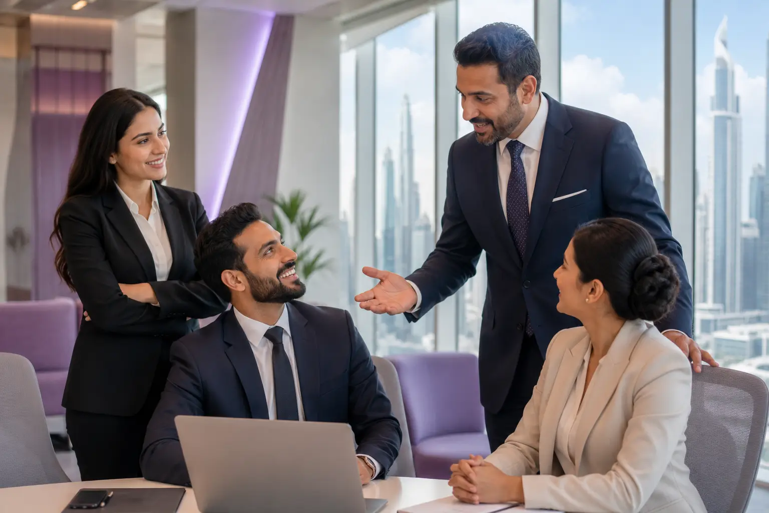Business consultants assisting clients with UAE visa and residency services in a modern Dubai office