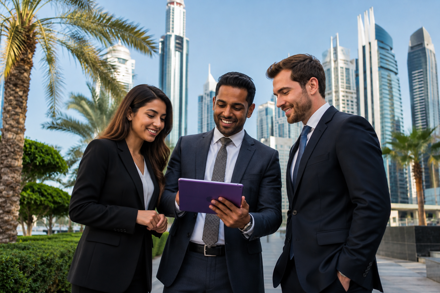 Business professionals discussing UAE visa and residency services in Dubai’s financial district