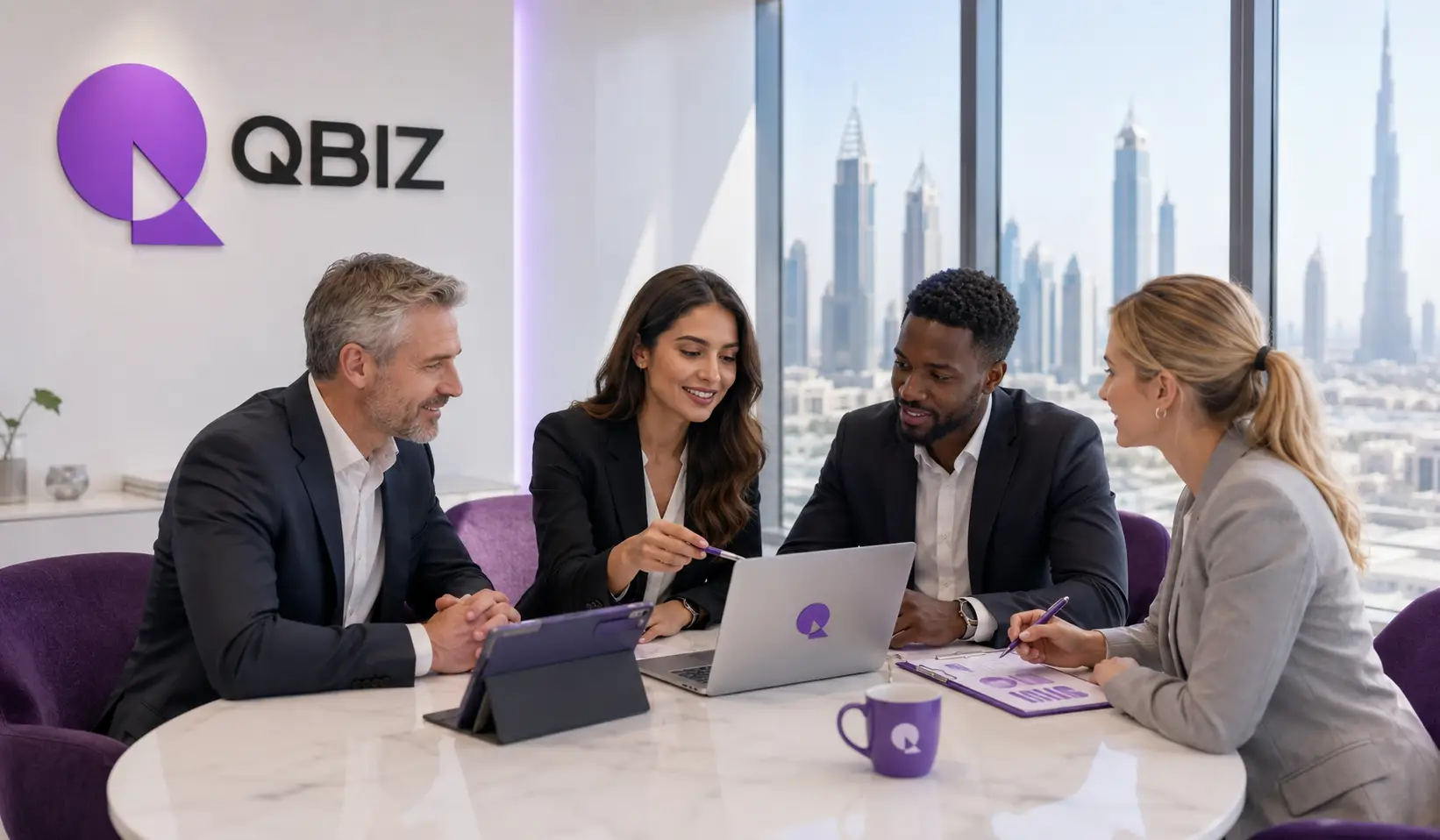 Qbiz finance team discussing corporate tax and VAT compliance strategies in UAE office