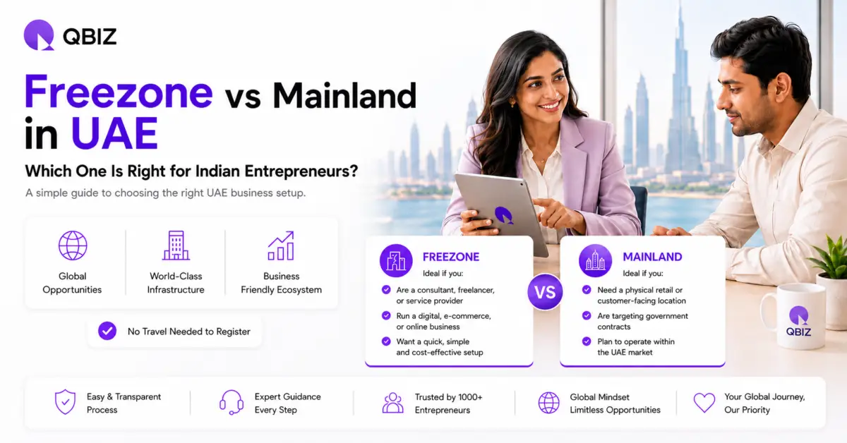 Freezone vs mainland UAE business setup guide for Indian entrepreneurs by Qbiz.