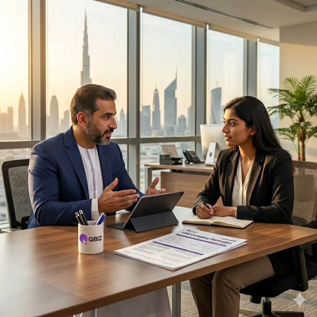 Qbiz UAE Business setup consultant explaining formation options to an entrepreneur